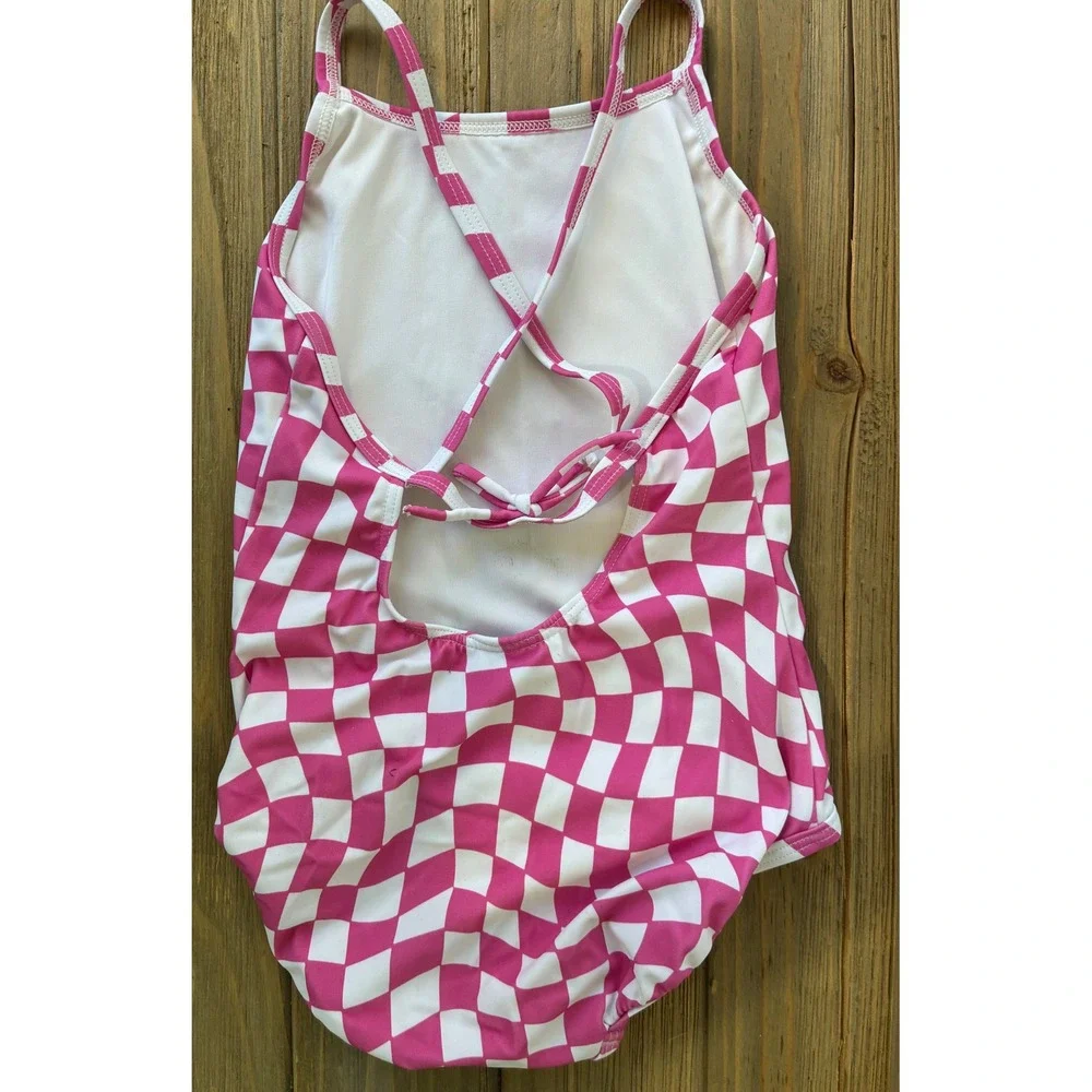 Hanna Andersson One Piece Swimsuit Warped Check Kids Size 5 Pink Excellent